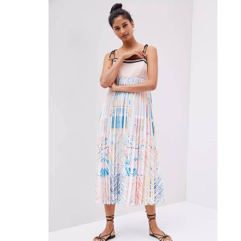 Anthropologie Pastel Pleated Midi Dress with Black Straps